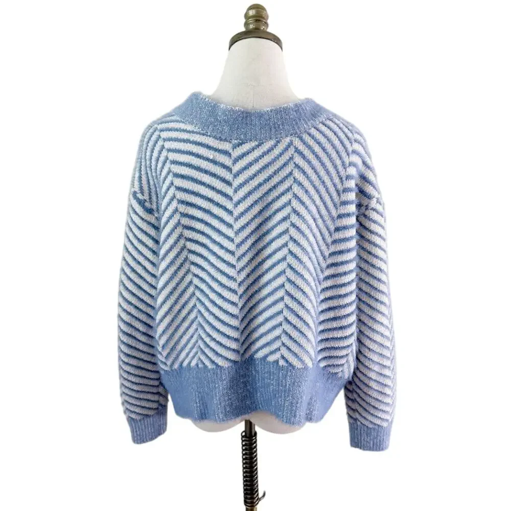 FRNCH Blue/White Herringbone Cardigan Size S/M V-Neck Button Up Oversized Fit